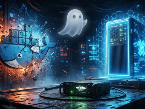 Logotipo do Docker se despedaçando ao lado de um servidor Proxmox iluminado e um pequeno fantasma flutuante
