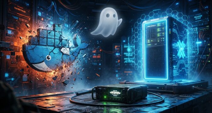 Logotipo do Docker se despedaçando ao lado de um servidor Proxmox iluminado e um pequeno fantasma flutuante