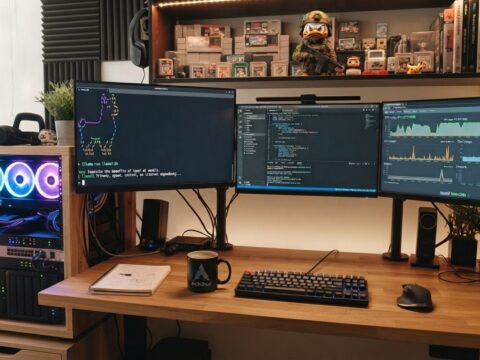 Estação de trabalho com três monitores exibindo código e gráficos, rack de servidor lateral e caneca do Arch Linux