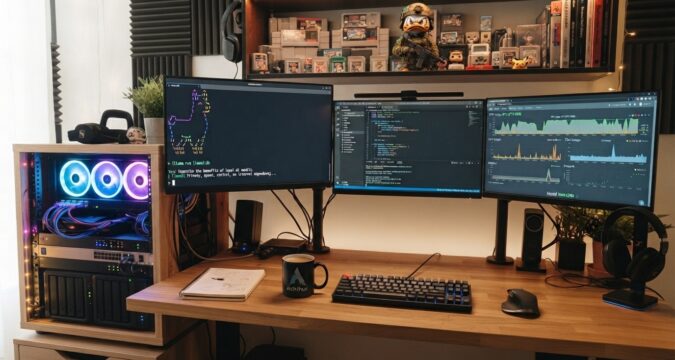 Estação de trabalho com três monitores exibindo código e gráficos, rack de servidor lateral e caneca do Arch Linux